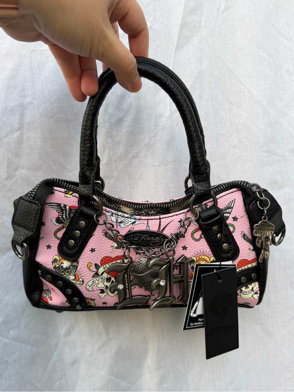 Ed Hardy Pink Tattoo Print Mini Satchel with Black Trim - Grunge, Punk, Y2K